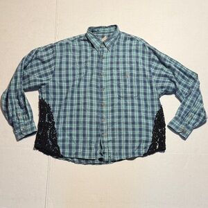 FURST OF A KIND Women's Oversized Blue Plaid Flannel Shirt Black Lace Accents OS